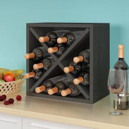 Stackable 12-Bottle Wine Rack in Charcoal Black Wood Finish